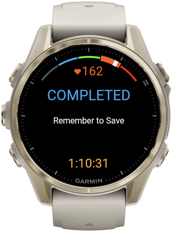 Slutskærmen i Hybrid Smash på en Garmin fēnix 8 med COMPLETED og Remember to Save, løbstid 1:10:31