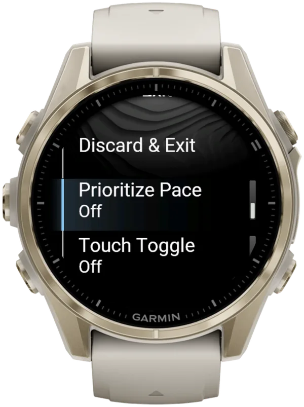 Menü im Workout von Hybrid Smash, Garmin fēnix 8 auf Englisch: Prioritize Pace (Off) markiert, darunter Touch Toggle
