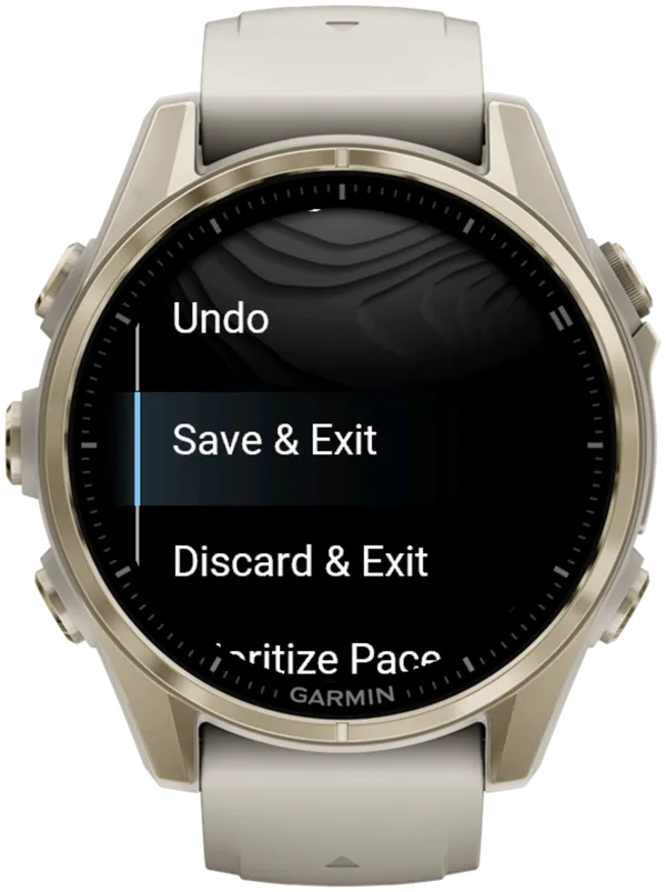 Il menu durante l'allenamento di Hybrid Smash su un Garmin fēnix 8, con la voce Save & Exit selezionata tra Undo e Discard & Exit