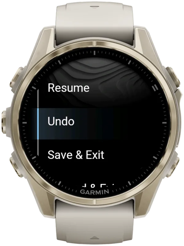 Hybrid Smash in-workout menu on a Garmin fēnix 8 with Undo selected between Resume and Save & Exit