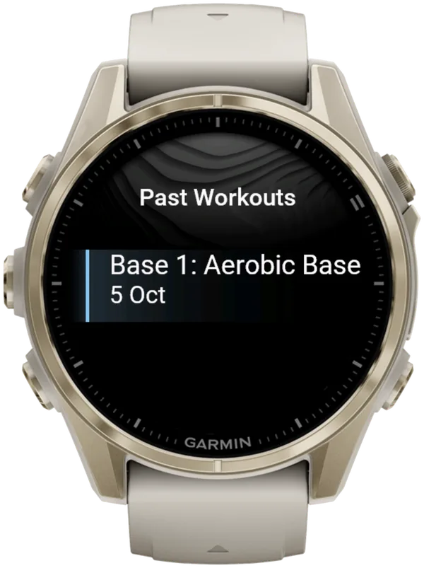 L'elenco Past Workouts di Hybrid Smash su un Garmin fēnix 8, con una sessione salvata, Base 1: Aerobic Base