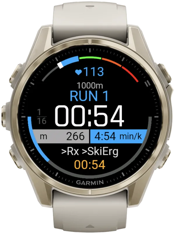 Schermata di corsa di Hybrid Smash su un Garmin fēnix 8: RUN 1 con target 1000m, 266 m percorsi, passo in tempo reale 4:54 min/k in blu, poi SkiErg