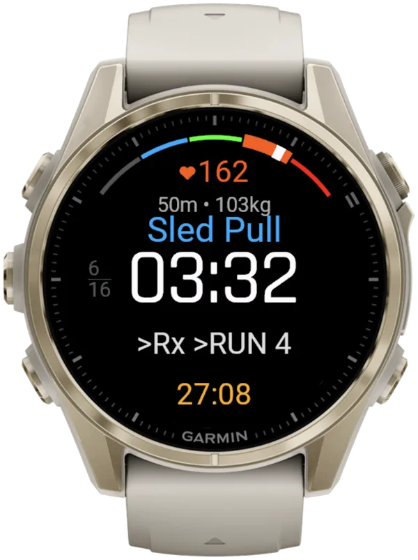 Hybrid Smash Race Day Sled Pull screen on a Garmin fēnix 8: header Sled Pull, timer 03:32, next >Rx >RUN 4