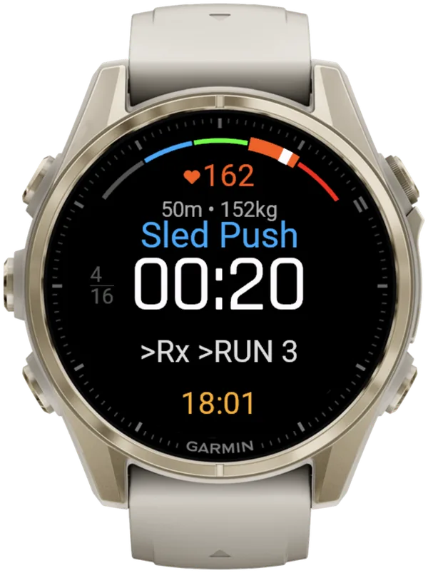 Schermata dello Sled Push in Giorno Gara con Hybrid Smash: target 50m • 152kg, RUN 3 dopo la Roxzone