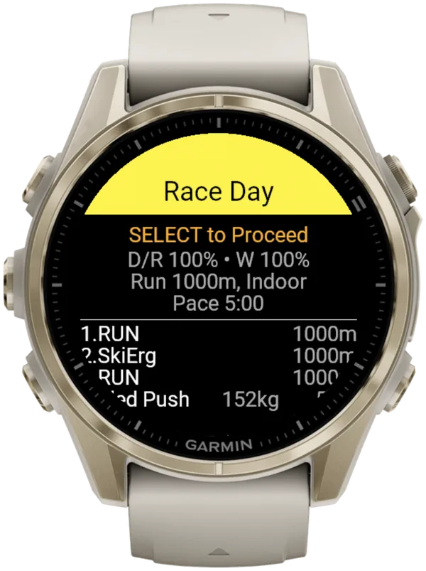 Forhåndsvisning af Race Day i Hybrid Smash på en Garmin fēnix 8: SELECT to Proceed, Run 1000m Indoor, tempo 5:00 og derefter rækkefølgen i løbet