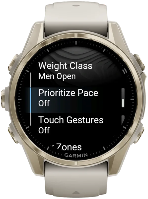Hybrid Smash Settings on a Garmin fēnix 8: Weight Class Men Open, Prioritize Pace Off, Touch Gestures Off