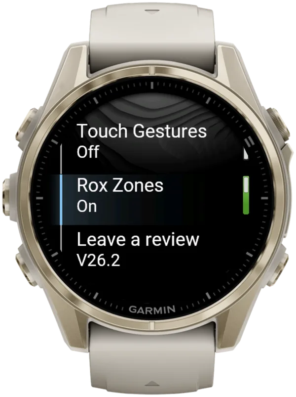Le impostazioni di Hybrid Smash su un Garmin fēnix 8: Touch Gestures Off, Rox Zones On, poi Leave a review