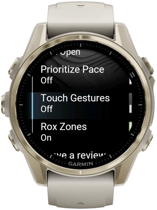 Hybrid Smash Settings on a Garmin fēnix 8 with Touch Gestures Off selected and Rox Zones On below