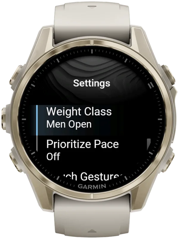 Il menu Settings di Hybrid Smash su un Garmin fēnix 8, con Weight Class impostata su Men Open