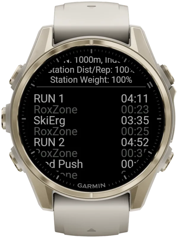 I giri nel riepilogo di Hybrid Smash: RUN 1 4:11, SkiErg 3:35, RUN 2 4:52, con le Roxzone in grigio
