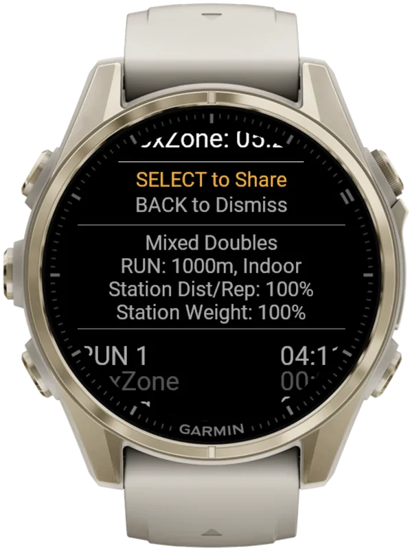 Hybrid Smash summary on a Garmin fēnix 8 listing Mixed Doubles, 1000 m Indoor runs and 100% station settings