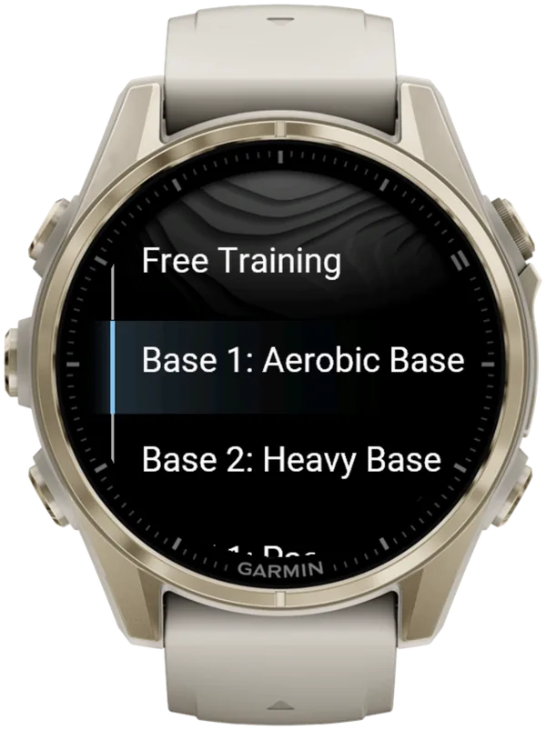 Hybrid Smash Training menu on a Garmin fēnix 8 listing ready-made HYROX workouts, Base 1: Aerobic Base selected