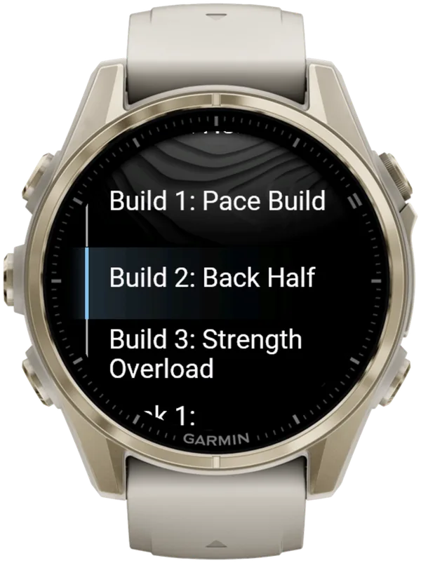 Hybrid Smash Training menu on a Garmin fēnix 8 with Build 2: Back Half selected below Build 1: Pace Build