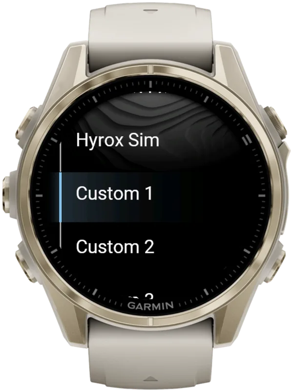 Hybrid Smash Training menu on a Garmin fēnix 8 with Custom 1 selected between Hyrox Sim and Custom 2