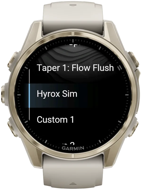 Hybrid Smash Training menu on a Garmin fēnix 8 with Hyrox Sim selected between Taper 1 and Custom 1